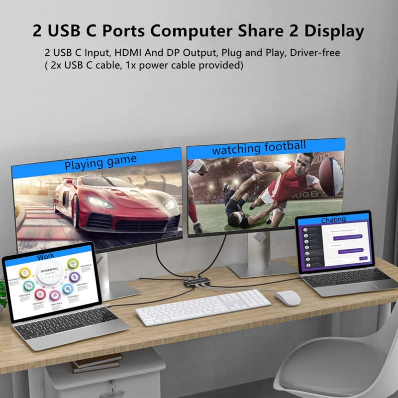 NÖRDIC 2 to 2 KVM Switch USB-C and Displayport 1xDP 1xHDMI 8K 60Hz 3xUSB-A
