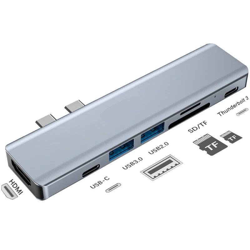 NÖRDIC 2 to 7 USB-C docking station for MacBook Pro and Air 1xHDMI 4K30Hz 1xUSB-A 3.1 1xUSB-A 2.0 1xUSB-C 3.1 1xUSB-C 100W PD 1x SD/TF card reader