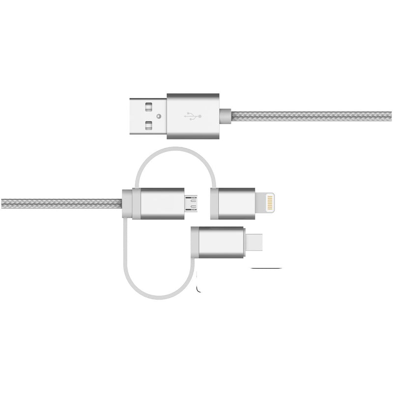 NÖRDIC 3 in 1 Charging cable USB A to 1x MFI Lightning, 1xUSB C and 1x Micro USB, Aluminum connectors Space gray 1m