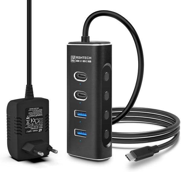 NÖRDIC 4-port Powered USB-C Hub 10Gbps with 2 USB-A &amp; 2 USB-C Data Ports
