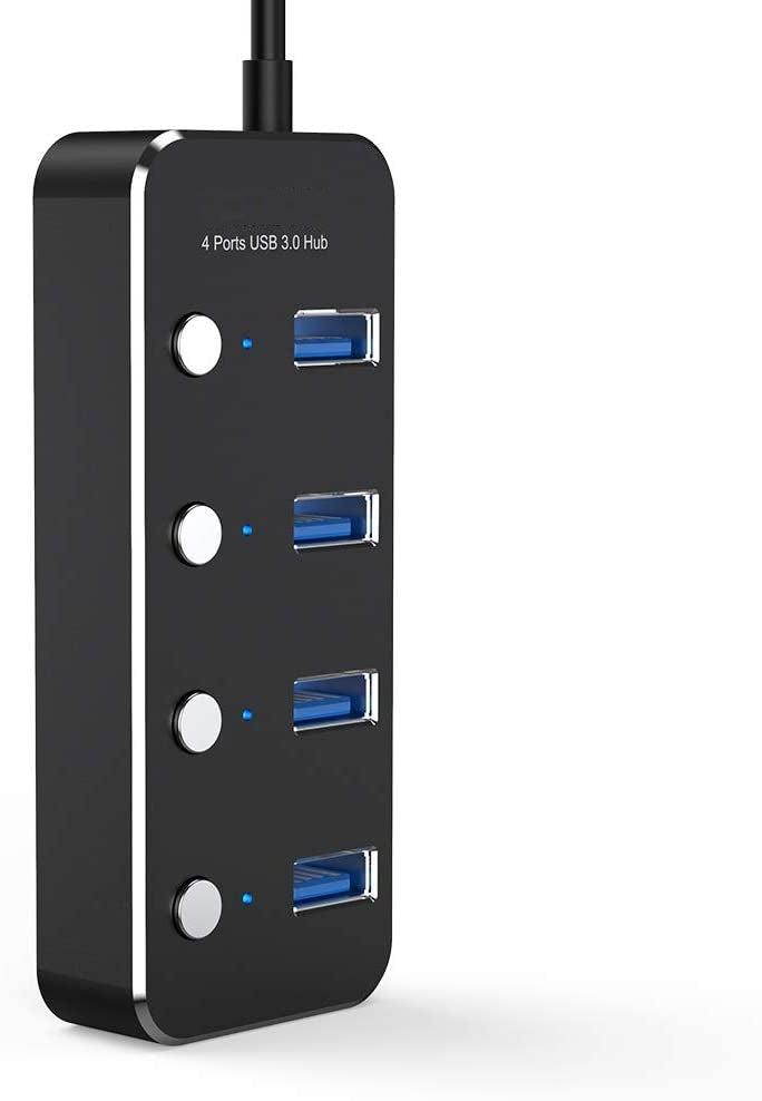 NÖRDIC 4-port hub USB-C 3.0 5Gbps with individual switch 25cm cable black aluminum