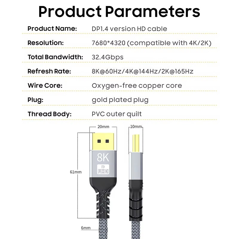 NÖRDIC 50cm DisplayPort to DisplayPort cable ver 1.4 UHD in 60Hz 32,4Gbps 8K 10-bit HDR double-copper 99.99%