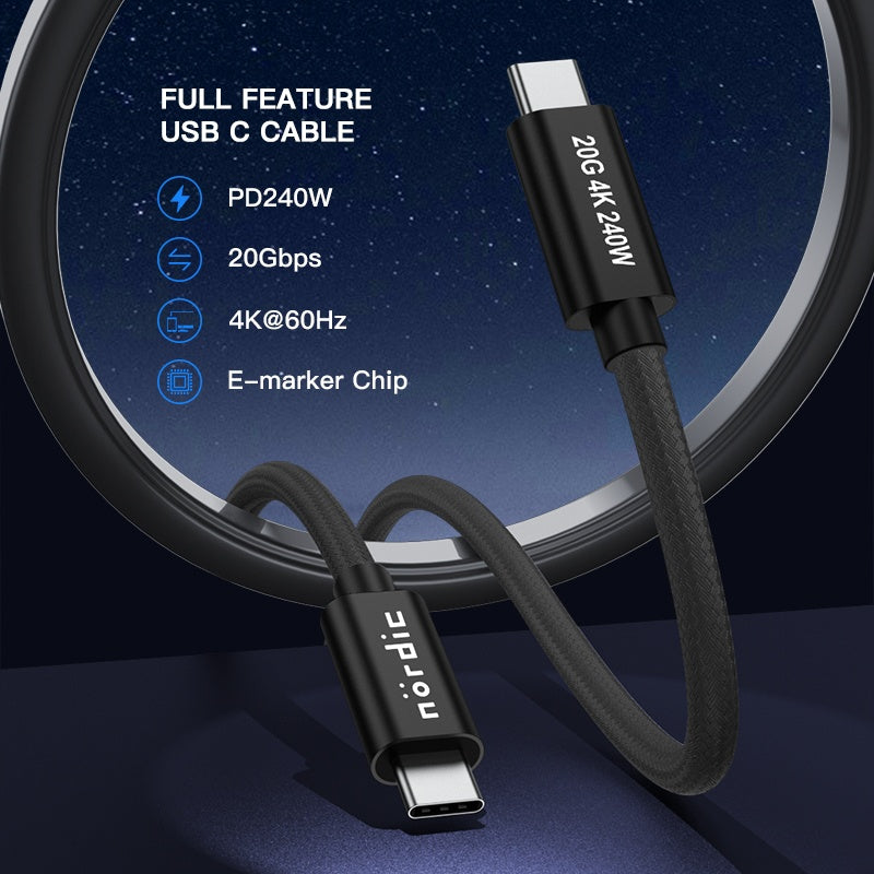 NÖRDIC 50 cm USB 3.2 Gen 2 USB-C to C nylon braided cable PD3.1 240W 20G 4K60Hz black