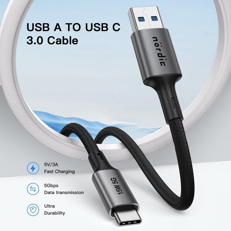 NÖRDIC 5m USB3.2 Gen1 USB-C to A nylon braided cable fast charging 3A 5Gbps 60W gray
