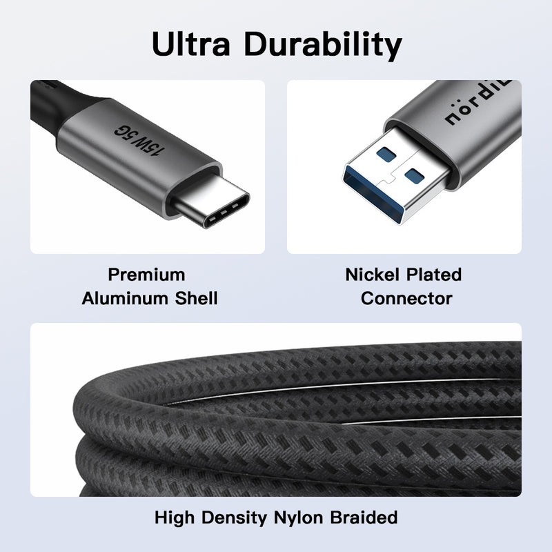 NÖRDIC 5m USB3.2 Gen1 USB-C to A nylon braided cable fast charging 3A 5Gbps 60W gray