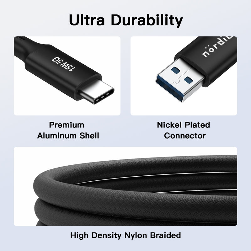 NÖRDIC 5m USB3.2 Gen1 USB-C to A nylon braided cable quick charge 3A 5Gbps Power Delivery PD 60W black
