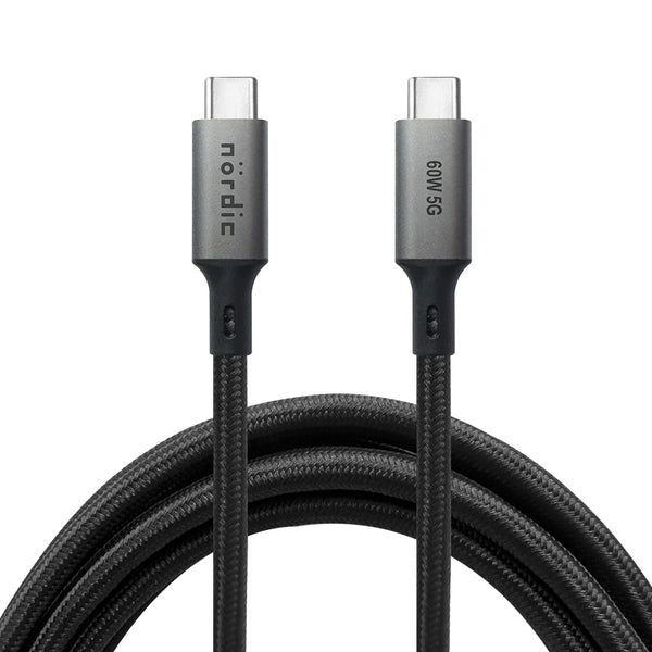 NÖRDIC 5m USB3.2 Gen1 USB-C to C nylon braided cable fast charging 3A 5Gbps Power Delivery PD 60W
