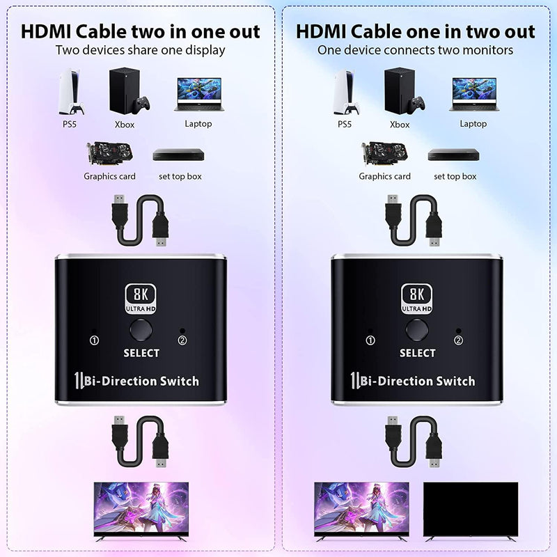 NÖRDIC 8K60Hz HDMI Switch 2 to 1 and Splitter 1 to 2 4K120Hz 48Gbps