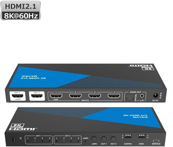 NÖRDIC 8K HDMI 2.1 eARC/ARC matrix switch 4x2 with Extractor Toslink &amp; Stereo, HDMI CEC, Dolby Atmos/Digital Plus, DTS Master