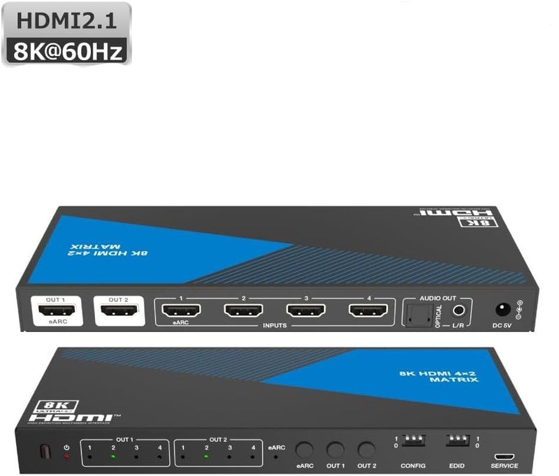 NÖRDIC 8K HDMI 2.1 eARC/ARC matrix switch 4x2 with Extractor Toslink &amp; Stereo, HDMI CEC, Dolby Atmos/Digital Plus, DTS Master