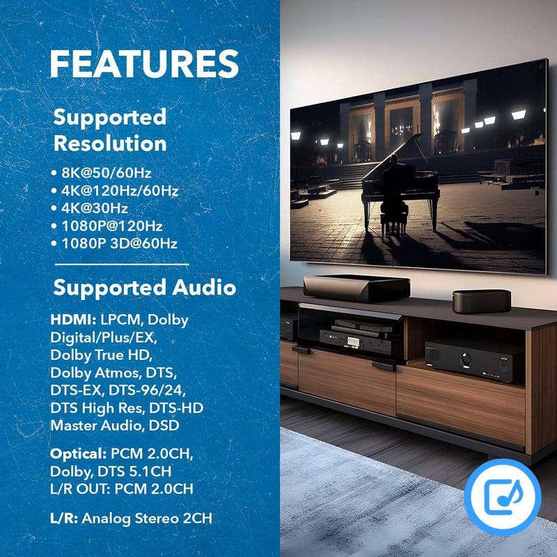 NÖRDIC 8K HDMI 2.1 ARC Extractor - SPDIF + 3.5mm extraction, HDMI CEC Dolby Digital/DTS, Atmos, Dolby Vision, HDR10+