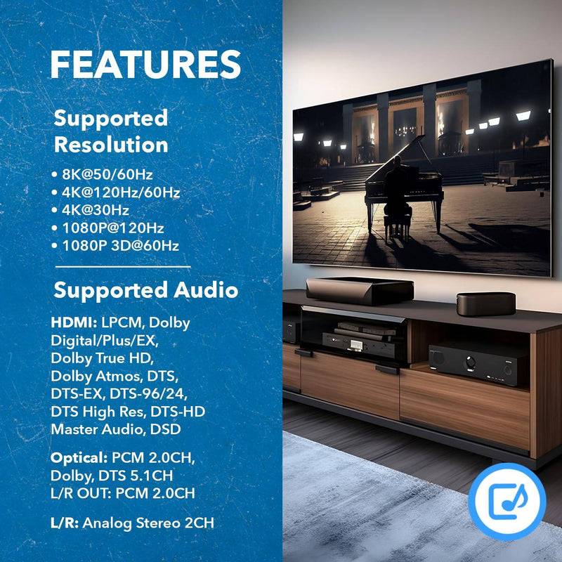 NÖRDIC 8K HDMI 2.1 ARC Extractor - SPDIF + 3.5mm extraction, HDMI CEC Dolby Digital/DTS, Atmos, Dolby Vision, HDR10+