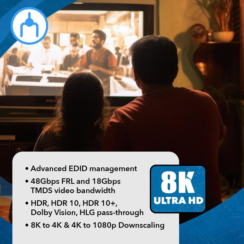 NÖRDIC 8K HDMI 2.1 Splitter 1 til 2 & Extractor Optisk SPDIF & Stereo HDR EDID Dolby Atmos, True HD, Digital Plus, DTS-HD Master