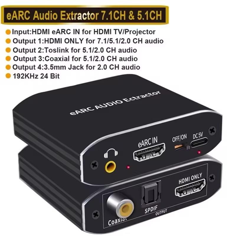 NÖRDIC 8K HDMI 2.1 eARC/ARC Extractor, HDMI eARC/ARC to HDMI 7.1CH Dolby Atmos, Coaxial, S/PDIF, AUX