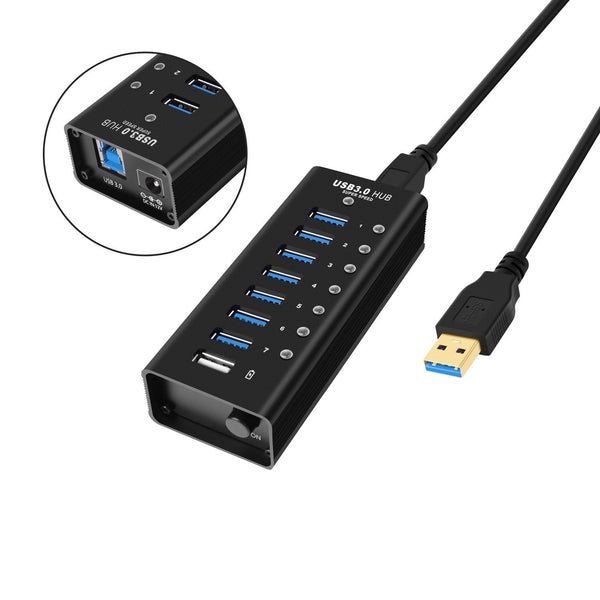 NÖRDIC 8-port powered hub USB-A 3.0 5Gbps with switch 1.2m cable aluminum black with power supply
