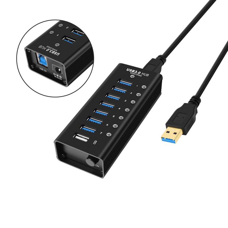 NÖRDIC 8-port powered hub USB-A 3.0 5Gbps with switch 1.2m cable aluminum black with power supply