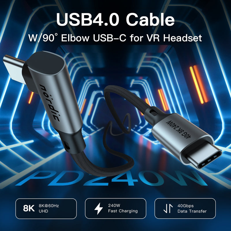 NÖRDIC Angled 25cm USB4 USB-C to C nylonbraided cable PD3.1 240W 40G 8K60Hz 4K144Hz gray