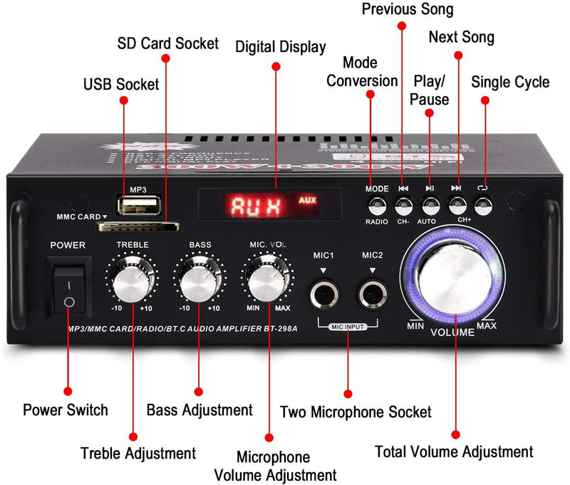NÖRDIC Bluetooth 5.0 Stereo amplifier 2x40W AUX / USB / BT Audio amplifier with FM 2xMIC input