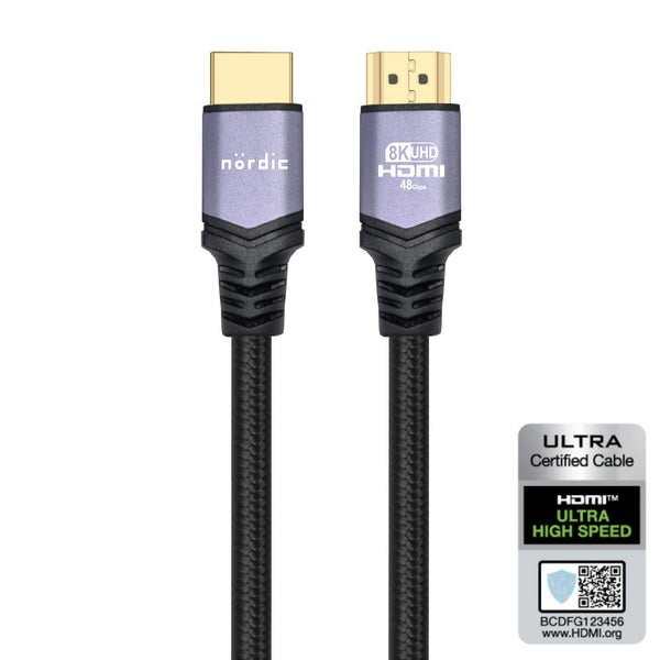 NÖRDIC CERTIFIED CABLES 1.5m Ultra High Speed HDMI 2.1 8K 60Hz 4K 120Hz 48Gbps Dynamic HDR eARC Game Mode VRR Dolby ATMOS Nylon Braided Gold Plated