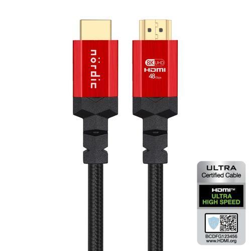 NÖRDIC CERTIFIED CABLES 1.5m Ultra High Speed ​​HDMI 2.1 8K 60Hz 4K 120Hz 48Gbps Dynamic HDR eARC Game Mode VRR Dolby ATMOS nylon braided gold plated