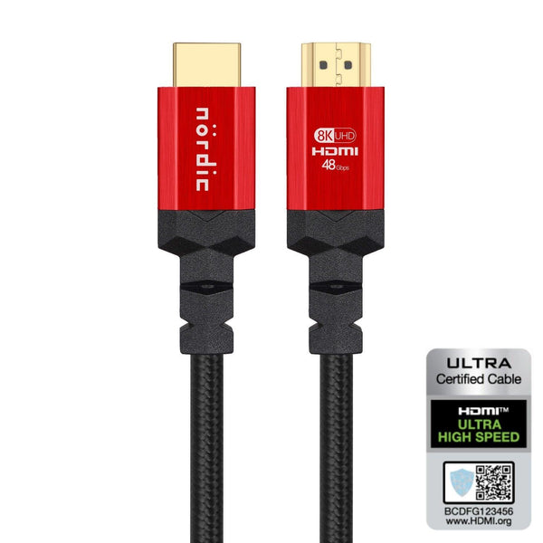 NÖRDIC CERTIFIED CABLES 2m HDMI 2.1 Ultra High Speed 8K 4K 60Hz 120Hz 48Gbps Dynamic HDR eARC Game Mode VRR Dolby ATMOS nylon braided gold plated