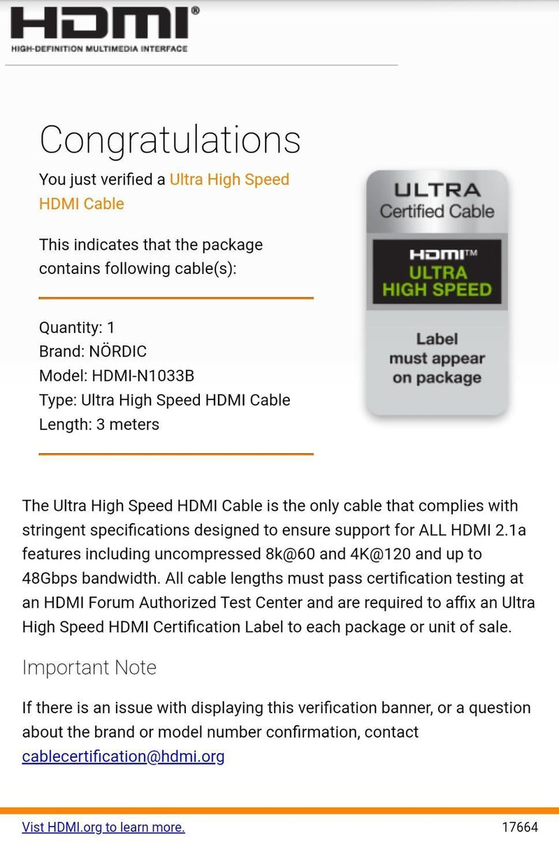 NÖRDIC CERTIFIED CABLES 3m Ultra High Speed ​​HDMI 2.1 8K 60Hz 4K 120Hz 48Gbps Dynamic HDR eARC VRR Nylon Braided Cable Gold Plated