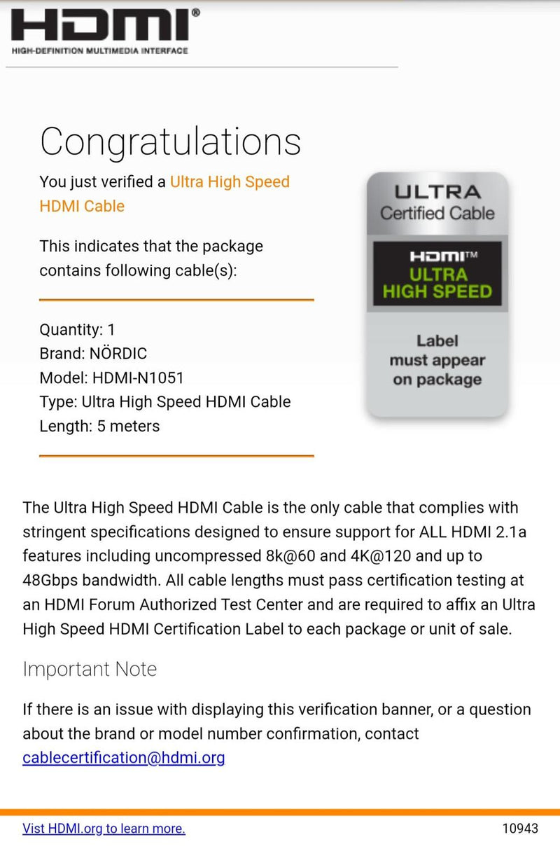 NÖRDIC CERTIFIED CABLES 5m Ultra High Speed HDMI 2.1 8K 60Hz 4K 120Hz 48Gbps Dynamic HDR eARC VRR Nylon Braided Cable Gold Plated Connectors