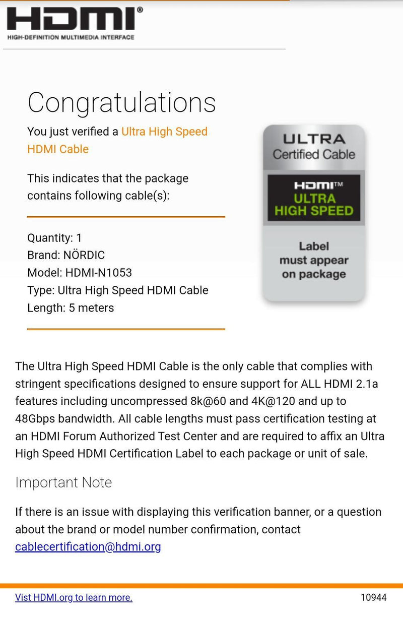 NÖRDIC CERTIFIED CABLES 5m Ultra High Speed ​​HDMI 2.1 8K 60Hz 4K 120Hz 48Gbps Dynamic HDR eARC VRR Gold Plated Connectors