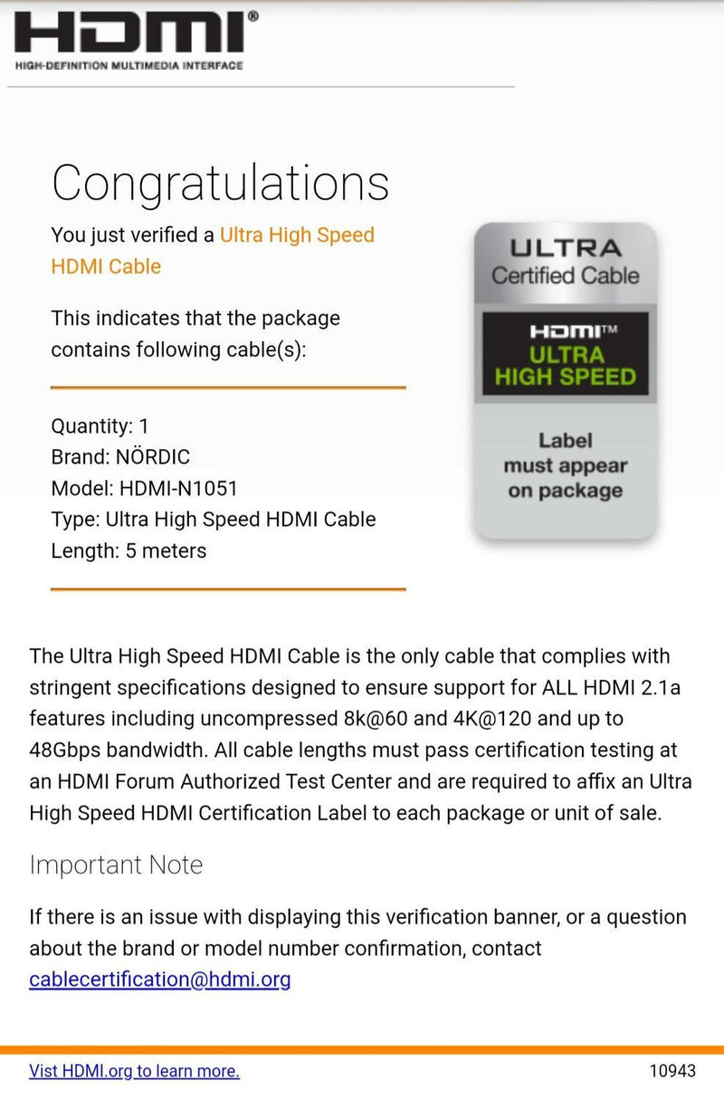 NÖRDIC CERTIFIED CABLES 5m Ultra High Speed ​​HDMI 2.1 8K 60Hz 4K 120Hz 48Gbps Dynamic HDR eARC VRR cable gold plated