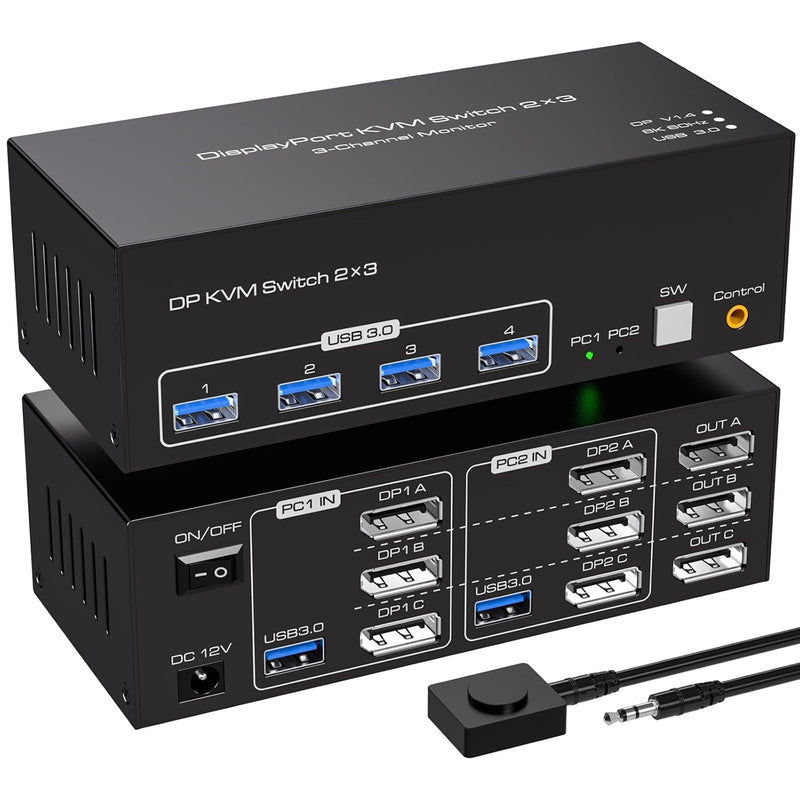 NÖRDIC Displayport 1.4 KVM Switch 2 Computer 3 Monitors 8K60Hz 4K144Hz Triple Monitor 4 USB 3.0 for 2 PC Share 3 Monitors