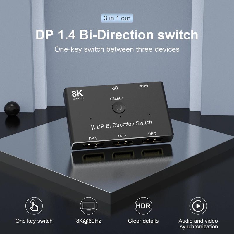 NÖRDIC Displayport 3 to 1 switch or 1 to 3 splitter DP1.4 8K30Hz 4k120Hz 32.4Gbps