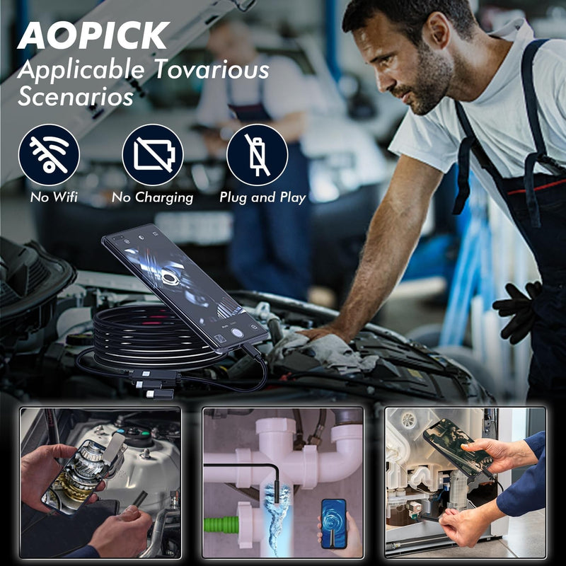 NÖRDIC Endoscope Camera for Mobile Phone with Light, 1080P HD, 8 LED Lights, Waterproof IP67, No WiFi Required, Android and iOS