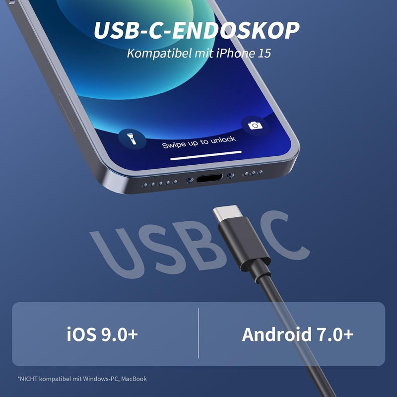 NÖRDIC Endoscope Camera for Mobile Phone with Light, 1080P HD, 8 LED Lights, Waterproof IP67, No WiFi Required, Android and iOS