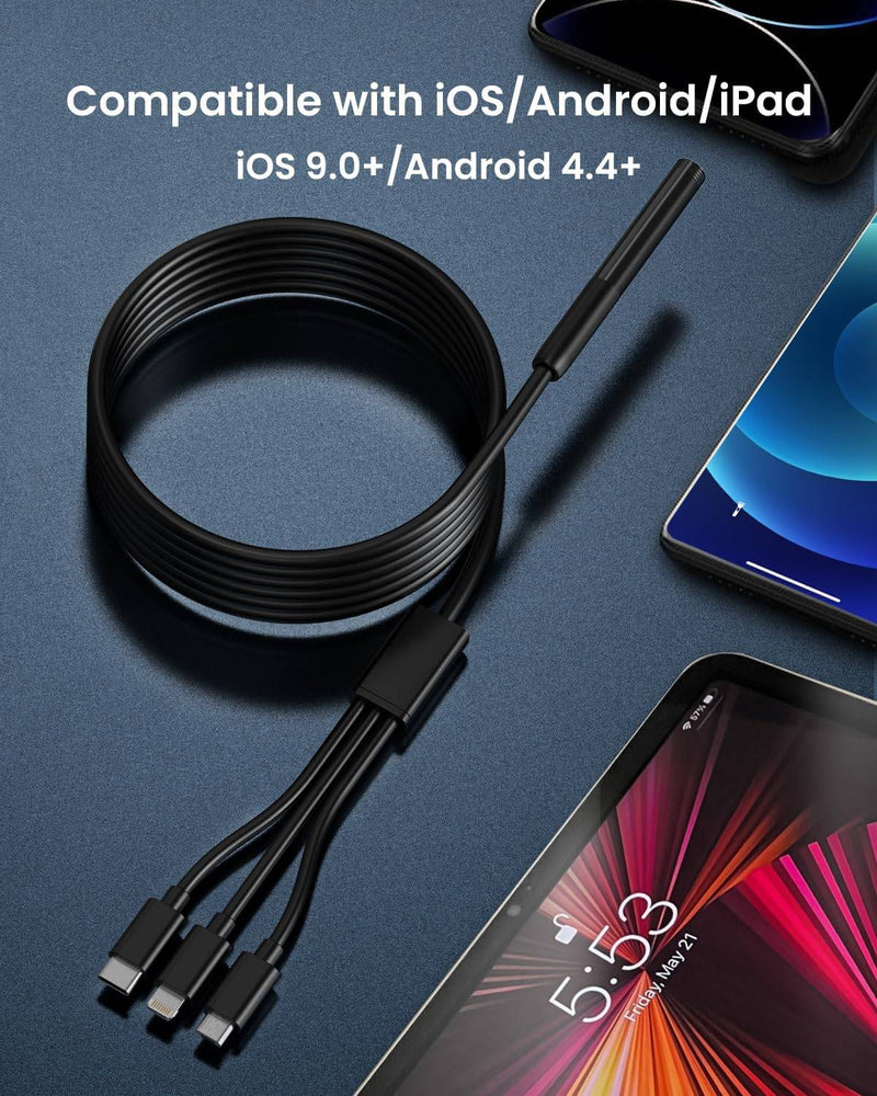 NÖRDIC Endoscope Camera for mobile phone with light, 1080P HD, 8 LED lights, waterproof IP67, no WiFi required, Android and iOS