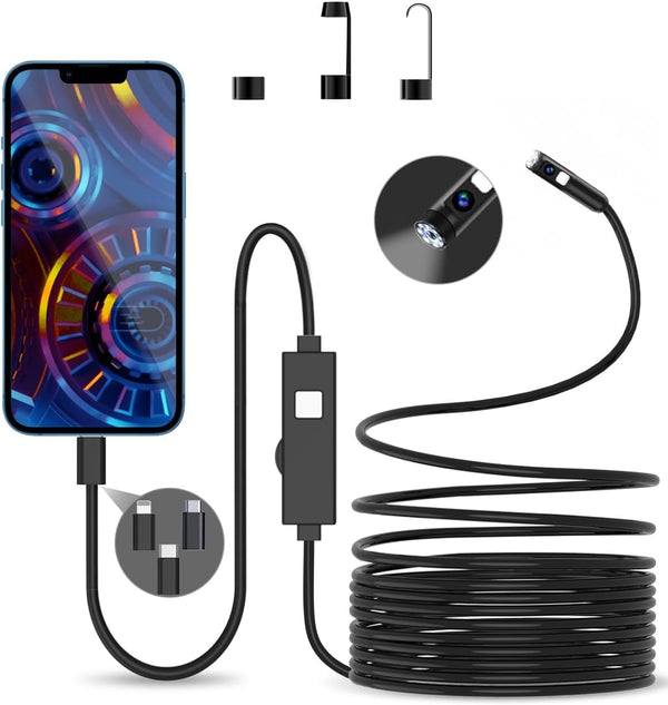 NÖRDIC Endoscope Camera with dual lenses for mobile phone with light, 1080P HD, 8 LED lights, waterproof IP67, no WiFi required, Android and iOS
