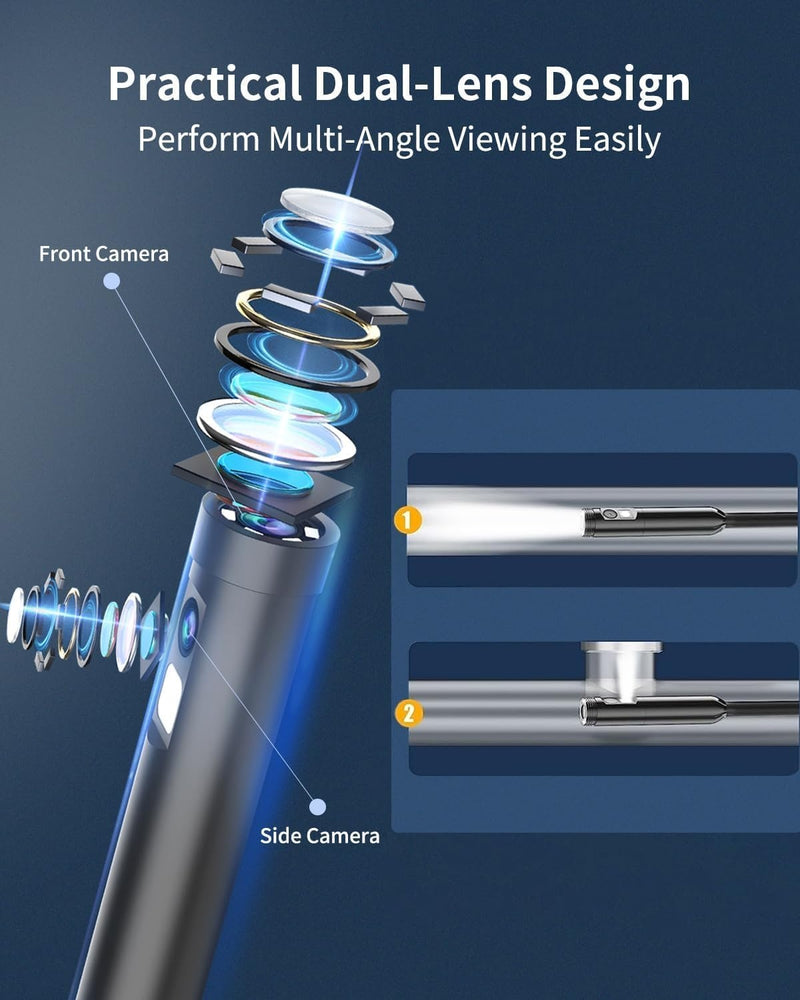 NÖRDIC Endoscope Camera with dual lenses for mobile phone with light, 1080P HD, 8 LED lights, waterproof IP67, no WiFi required, Android and iOS