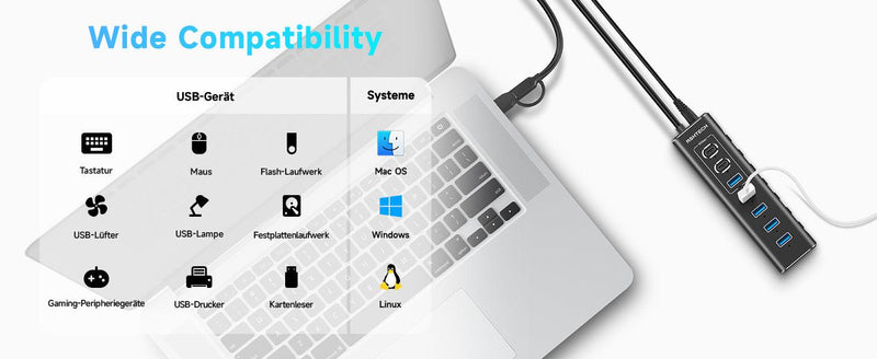 NÖRDIC GEN 3.2 USB-C and USB-A powered Hubb 7ports 3x10Gbps 4x5Gbps 1m cable individual switch