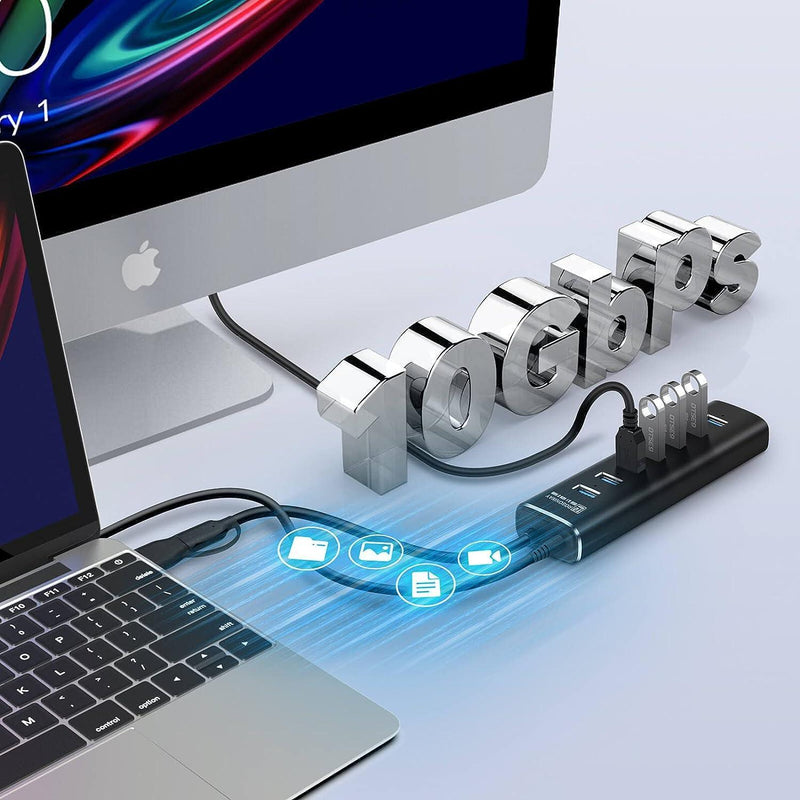NÖRDIC GEN 3.2 USB-C and USB-A powered Hub 7ports 7x10Gbps 1m cable individual switch