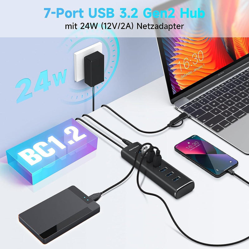 NÖRDIC GEN 3.2 USB-C and USB-A powered Hub 7ports 7x10Gbps 1m cable individual switch