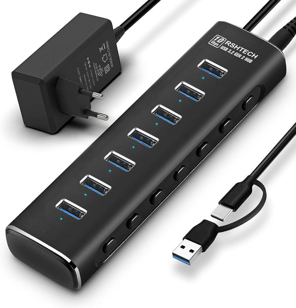 NÖRDIC GEN 3.2 USB-C and USB-A powered Hub 7ports 7x10Gbps 1m cable individual switch