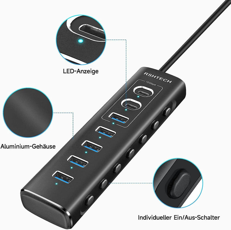 NÖRDIC GEN 3.2 USB-C och USB-A powered Hubb 7ports 3x10Gbps 4x5Gbps 1m kabel individuell switch