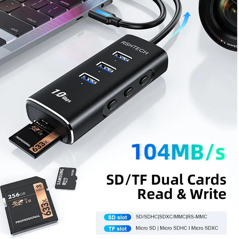 NÖRDIC Gen2 3.2 USB-C 3port Hub 10Gbps 1m cable 3xUSB-A 1xSD 1xTF card reader