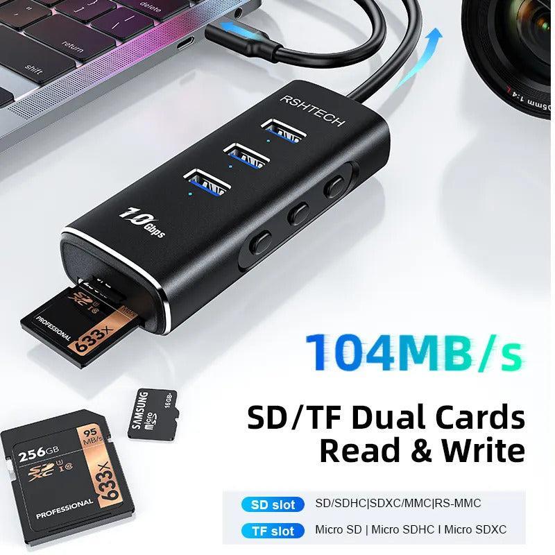 NÖRDIC Gen2 3.2 USB-C 3port Hub 10Gbps 1m cable 3xUSB-A 1xSD 1xTF card reader