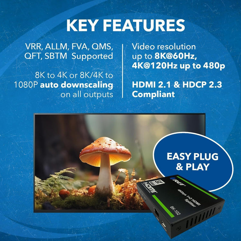 NÖRDIC 8K HDMI 2.1 Splitter 1 to 2 &amp; Extractor Optical SPDIF &amp; Stereo HDR EDID Dolby Atmos, True HD, Digital Plus, DTS-HD Master