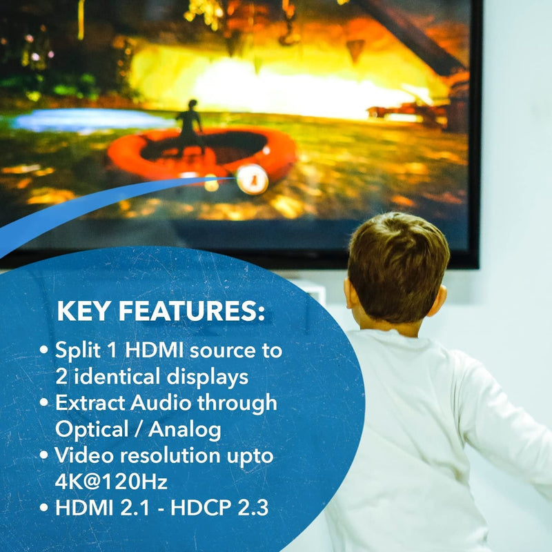 NÖRDIC 8K HDMI 2.1 Splitter 1 to 2 &amp; Extractor Optical SPDIF &amp; Stereo HDR EDID Dolby Atmos, True HD, Digital Plus, DTS-HD Master
