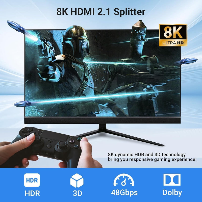 NÖRDIC 8K HDMI 2.1 Splitter 1 to 4 &amp; Extractor Optical SPDIF &amp; Stereo HDR EDID Dolby Atmos, True HD, Digital Plus, DTS-HD Master