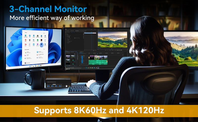 NÖRDIC HDMI 2.1 KVM Switch 2 Computer 3 Monitors 8K60Hz 4K144Hz Triple Monitor 4 USB 3.0 for 2 PC Share 3 Monitors