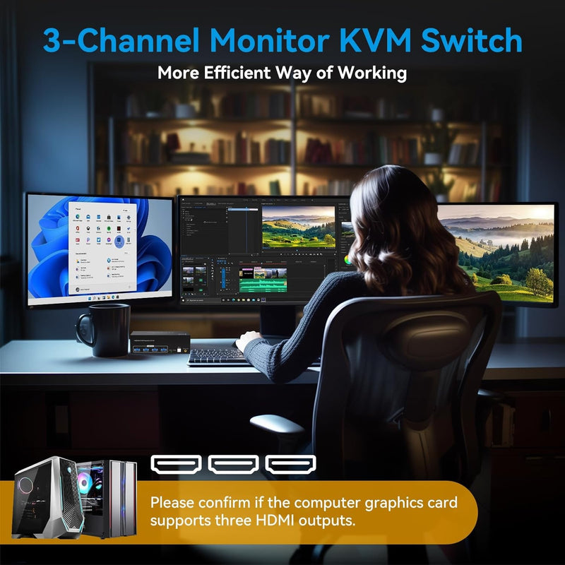 NÖRDIC HDMI 2.1 KVM Switch 2 Computer 3 Monitors 8K60Hz 4K144Hz Triple Monitor 4 USB 3.0 for 2 PC Share 3 Monitors