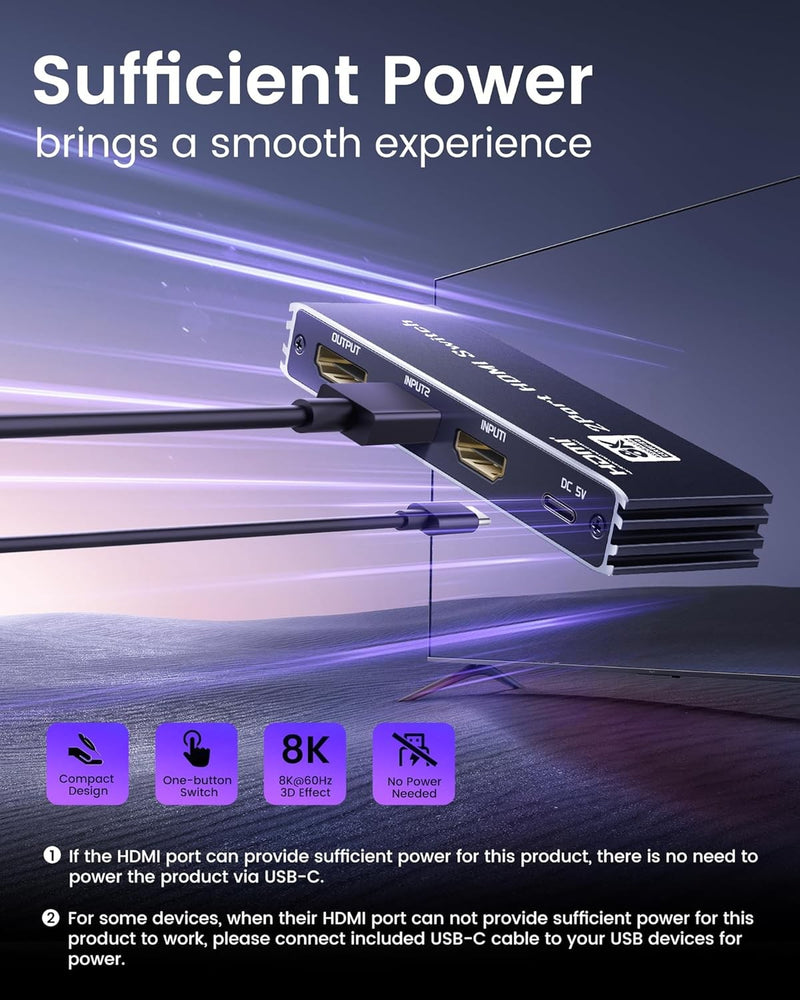 NÖRDIC HDMI 2 to 1 Switch 8K60Hz 4K@120Hz with remote control, Aluminum