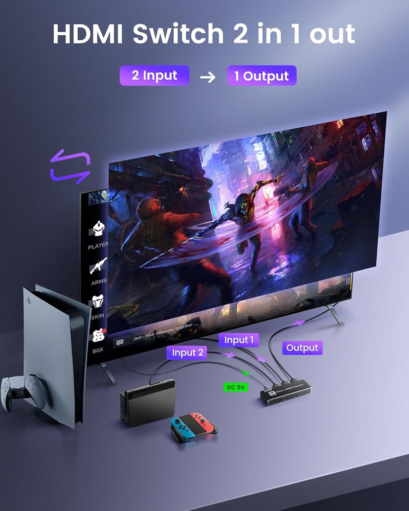 NÖRDIC HDMI 2 to 1 Switch 8K60Hz 4K@120Hz with remote control, Aluminum